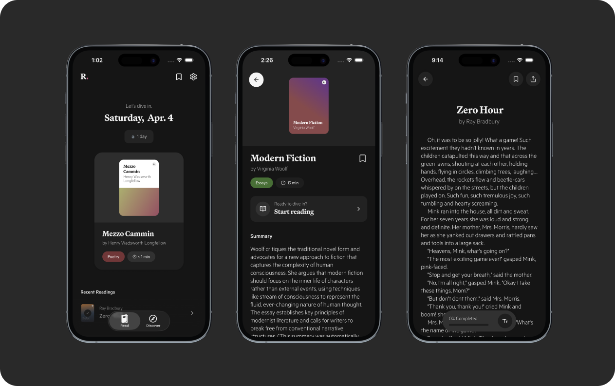 Ray mobile screens: home, reading, and reading detail