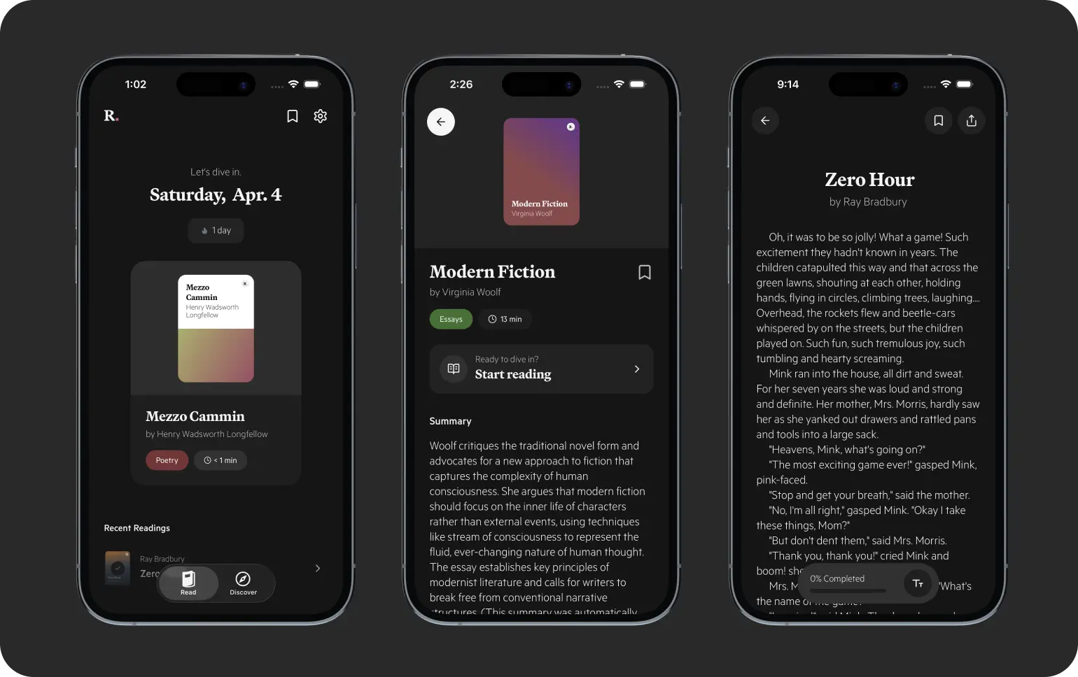 Ray mobile screens: home, reading, and reading detail