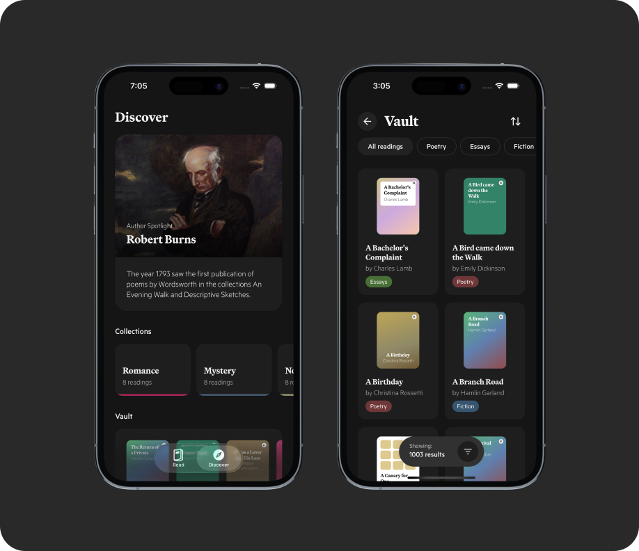 Ray mobile screens: discover and vault