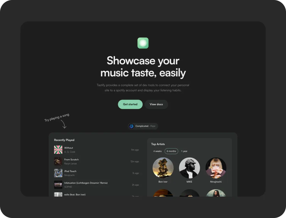 Tastify homescreen, dark mode